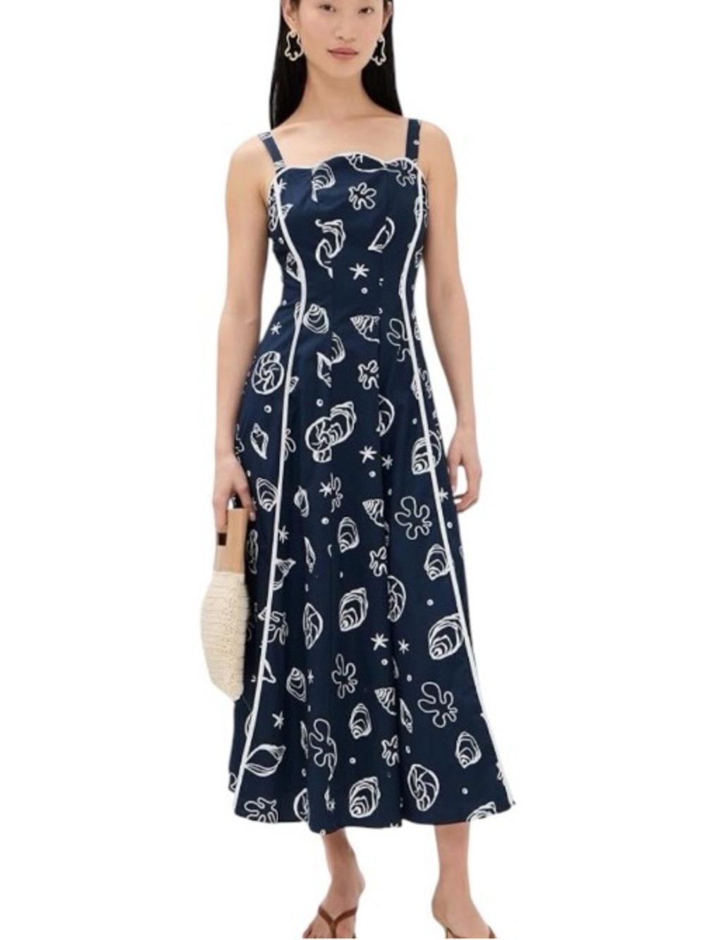 Tuckernuck Moon River Navy Blue White Shell Print Piped Scalloped Midi Dress - M